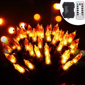 100 LED Battery String Lights with Remote and Timer - 33ft Halloween String Lights for Outdoor, Indoor Decor - Clear Mini Bulb Lighting for House, Halloween Party Decorations (Amber, Orange)