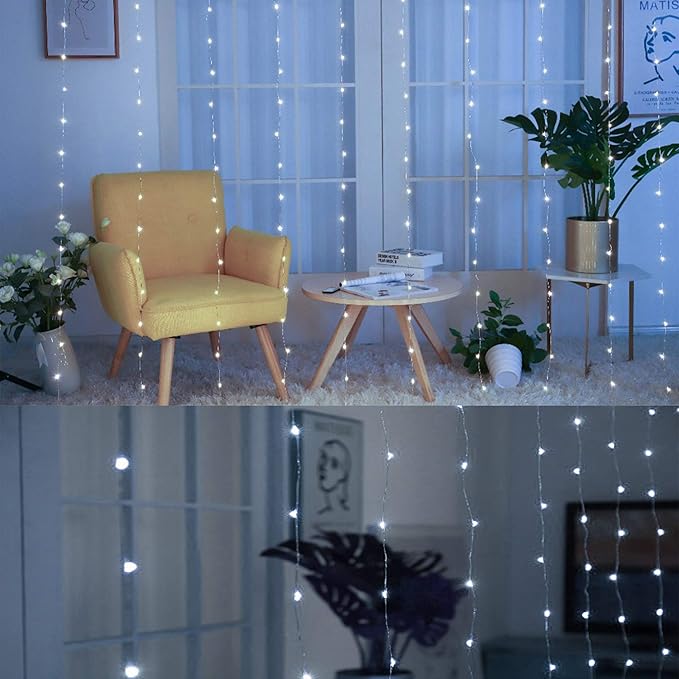 OME LIGHTING Window Curtain String Lights, 300 LED 8 Lighting Modes Fairy Copper Light with Remote, USB Powered Waterproof for Christmas Bedroom Party Wedding Home Garden Wall Decorations, Cool White - Image 2