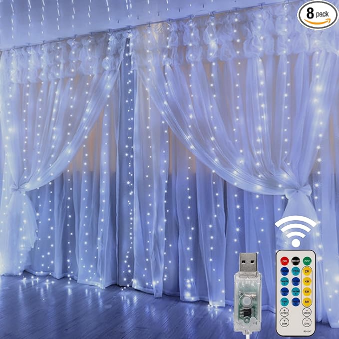 OME LIGHTING Window Curtain String Lights, 300 LED 8 Lighting Modes Fairy Copper Light with Remote, USB Powered Waterproof for Christmas Bedroom Party Wedding Home Garden Wall Decorations, Cool White