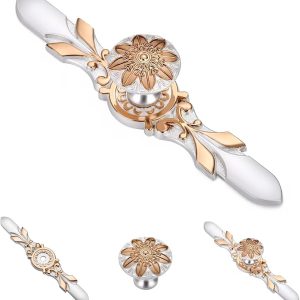 10 Pack Round Ivory White Gold Knobs and Plates - 1.16” Knob & 5.8” Plate - Boho Cabinet Knobs for House Furnitures Decorative Flower Look, Metal Cabinet Desk Knobs