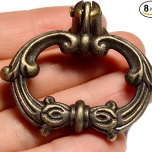 8 Pcs Bronze Drawer Ring Pulls Vintage Decorative Furniture Handles Antique Retro Copper Knobs Brass Hardware with Screw for Dresser Cabinet Wardrobe Chest Closet (Length:2", Height:1-3/4")