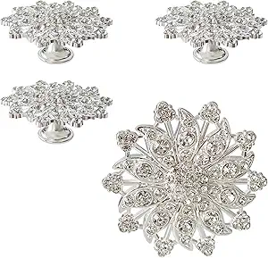 4 Pieces Flower Shape Cabinet Knobs, Decorative Crystal Glass Single Hole Pull Handles for Closet Drawer Wardrobe Living Room Bedroom Bathroom Kitchen with Screw (Silver)