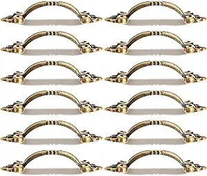 dophee 12Pcs Antique Brass Drawer Pulls, Small Vintage Decorative Cabinet Handles Knobs with Mounting Screws for Jewelry Box Chest Dresser Wooden Case, 1.89" x 0.55"