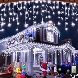 648 LED Christma Lights With 144 Drops, 66FT Outdoor Hanging lights with 8 Modes & Timer, Plug in Curtain String Lights Outdoor Waterproof for Fence Holiday Wedding Party Home Garden Decor Cool White