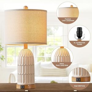 Table Lamps for Bedroom Set of 2, Farmhouse 3-Way Dimmable Touch Lamp for Nightstand with 2 USB Charging Ports, White Vintage Boho Bedside Lamp for Living Room End Table (Bulbs Included)