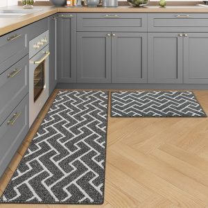 hicorfe Kitchen Rugs and Mats Sets,2 Pieces Super Absorbent Polypropylene Non-Slip Rug,Soft Comfort Floor Mat,Machine Washable Kitchen,Hallway,Office,Sink,Laundry（20" x 31.5" Plus 20" x 48",Grey）